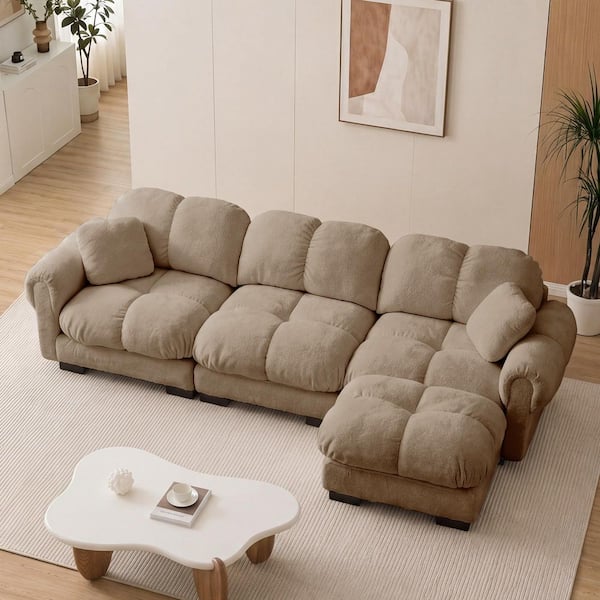 Quentin 86.6 in. Round Arms Chenille L-Shaped Sectional Sofa in Brown with Exquisite Pillows, Movable Ottoman