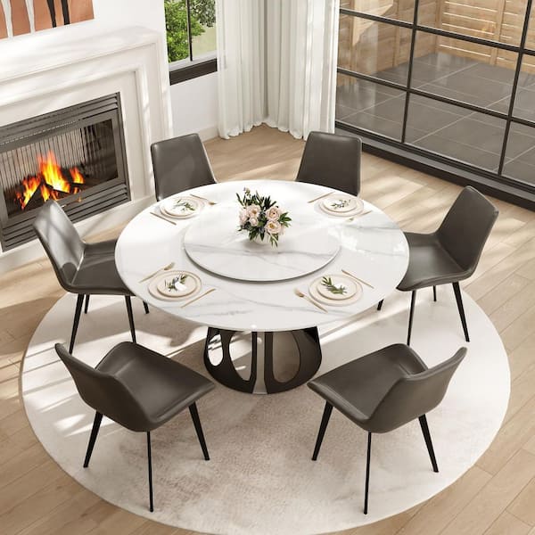 Magic Home 59 in. White Lazy Susan Sintered Stone Tabletop with Black Pedestal Base Dining Table (Seats-8)