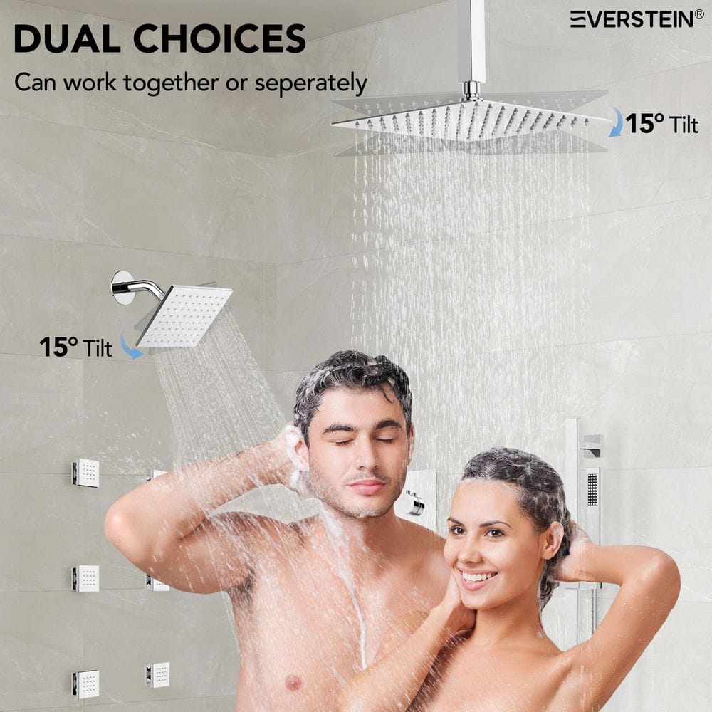 Chrome Dual Rainfall Shower System with Body Jets and Handheld