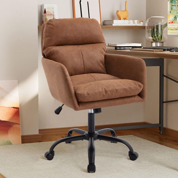Faux Leather Upholstered Swivel Ergonomic Task Chair in Brown with Adjustable Height and Metal Base