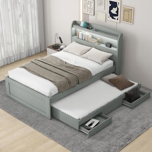 Gray Wood Frame Twin XL Platform Bed with Twin Size Trundle, 2 Drawers, USB Charging, LED Headboard with Shelves