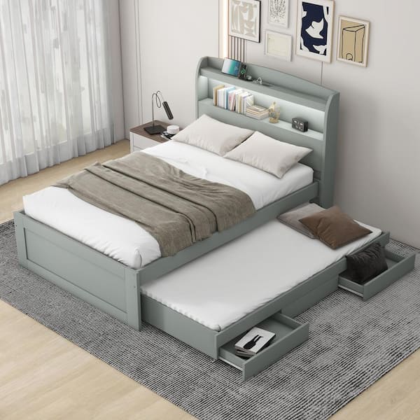 Harper & Bright Designs Gray Wood Frame Twin XL Platform Bed with Twin Size Trundle, 2 Drawers, USB Charging, LED Headboard with Shelves