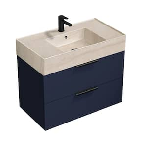 Derin 31.89 in. W x 17.32 in. D x 25.2 in. H Modern Bathroom Vanity in Night Blue with Beige Travertine Ceramic Top