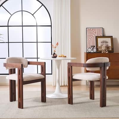 Jorland Modern Beige Fabric Upholstered Solid Wood Dining Arm Chairs with Curved Backrest, Walnut Finish, (Set of 2)