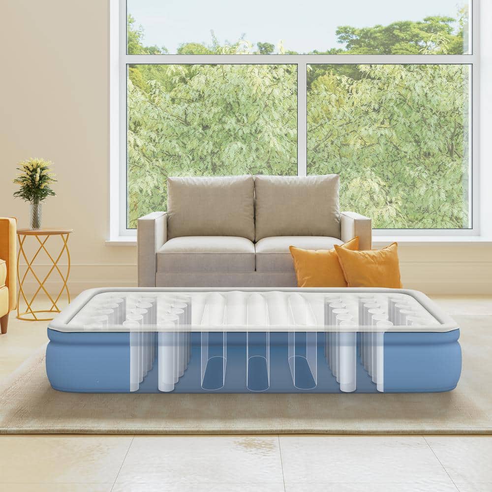 Queen White and Blue Raised Air Mattress with Built-in Pump
