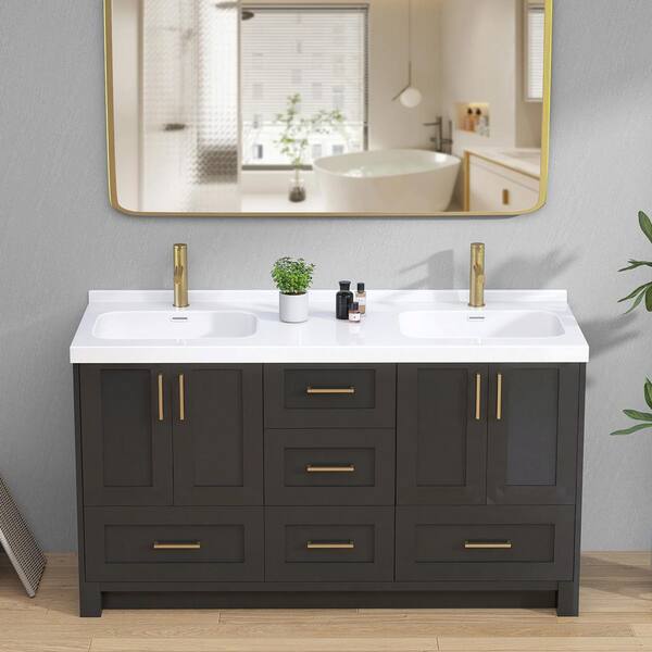 Zeafive 60 in. W x 22 in. D Solid Surface White Rectangular Double
