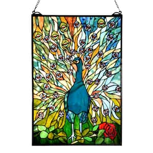 Peacock Abstract Wall Art Decor / Suncatcher with Hand Rolled Art Glass style 18 in. x 26 in.