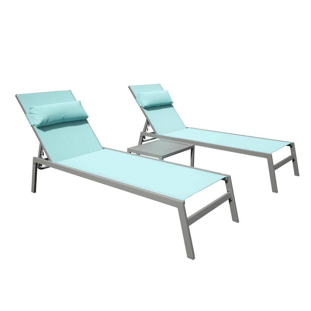 3-Piece Lake Blue Aluminum Metal Adjustable Recliner Outdoor Chaise Lounge 