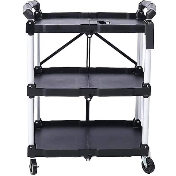 3-Layers Folding Collapsible Plastic Service Cart with Metal Frame, Black