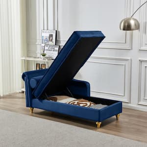 Modern Navy Blue Soft Velvet Chaise Lounge with Hidden Storage and Gold Metal Legs