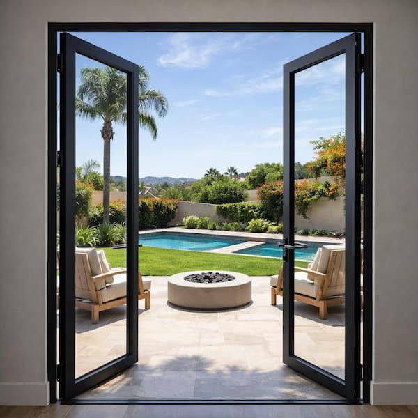 72 in. x 80 in. Mat Black Right Swing/Outswing Aluminum French Patio Door with Aluminum Frame and Lockset