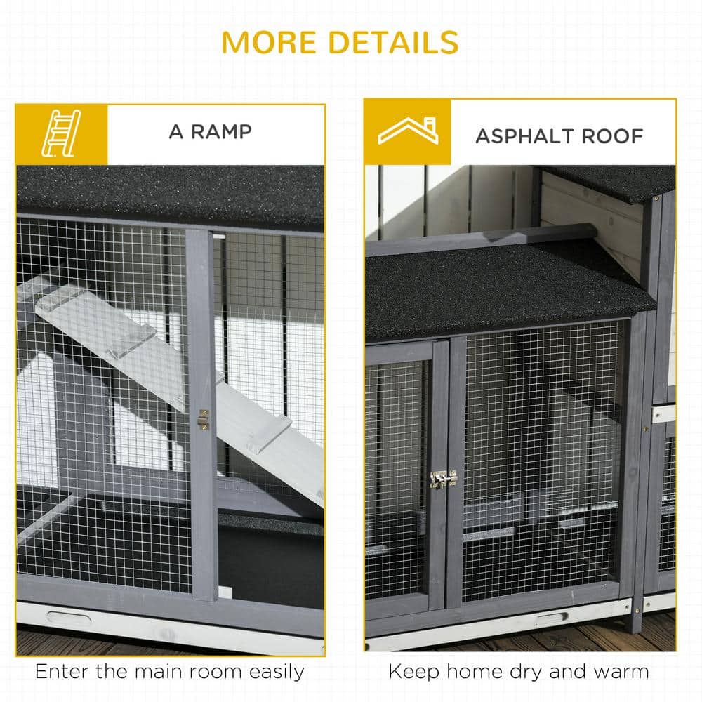 Gray Wooden Guinea Pig Hutch with Double Run and Ramp