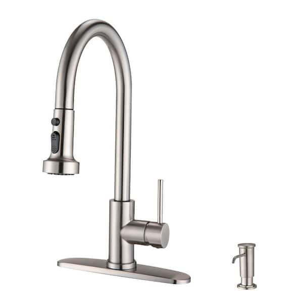 Single Handle Pull Down Sprayer Kitchen Faucet with in Brushed Nickel Modern Stainless Steel Soap Dispenser for 1/3 Hole