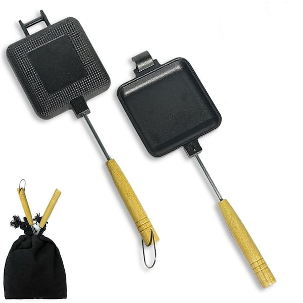 Omelette Pans 2-Piece Cast Iron Sandwich Pie Pan Set Black Wood Handle Indoor Induction Campfire Stovetop Compatible