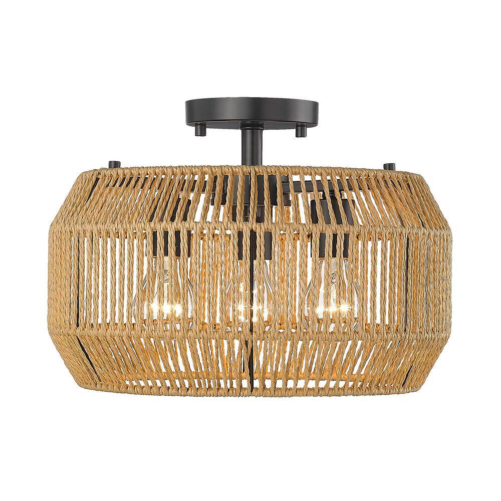 Matte Black and Natural Rope 14" Drum Semi-Flush Mount Light