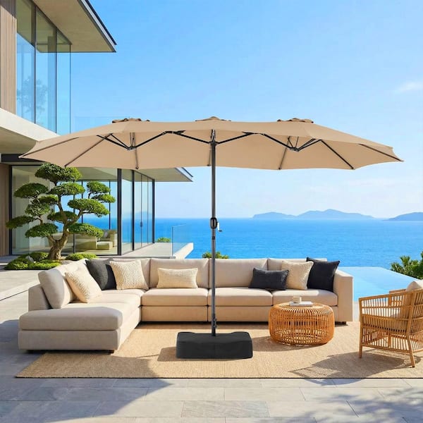 Large 15 ft. Metal Crank Lift Self-Locking Market Patio Umbrella with Base Included in Champagne for Rectangle Table
