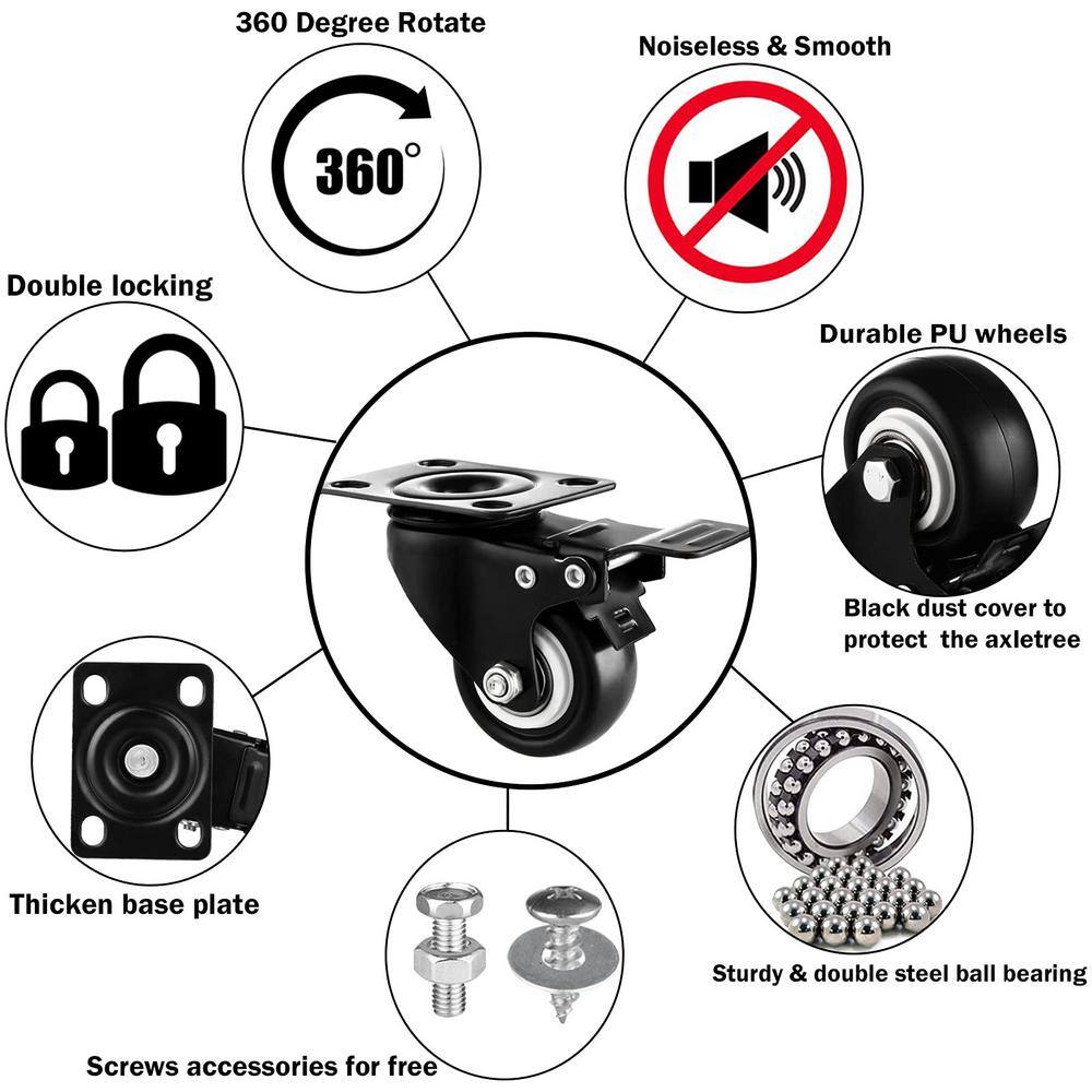 2" Black Heavy-Duty Industrial Caster Wheels Set of 8