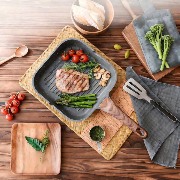 Wudkey 9.5 in. Aluminum Non-Stick Grill Pan, Griddle Pan with Pour