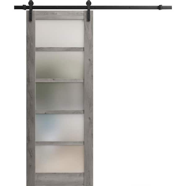 28 in. x 96 in. 1 Panel Frosted Glass Nebraska Grey Wood Sliding Barn Door with Hardware Kit