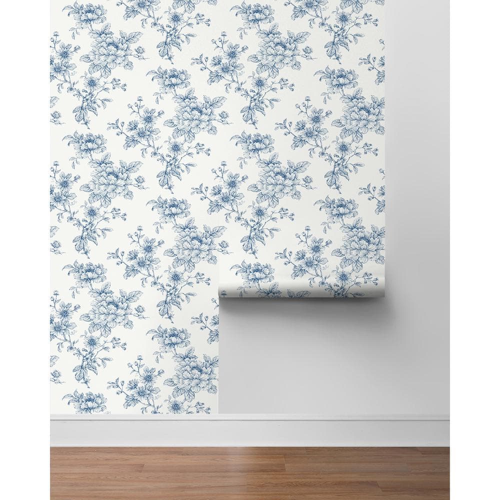 Blue Floral Vinyl Self-Adhesive Peel and Stick Wallpaper Roll