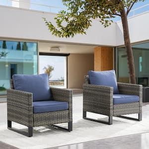 Valenta Gray Wicker Outdoor Lounge Chair with Blue Cushion (2-Pack)