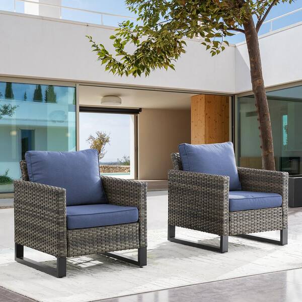 Gymojoy Valenta Gray Wicker Outdoor Lounge Chair with Blue Cushion (2Pack) PW0631 The Home Depot