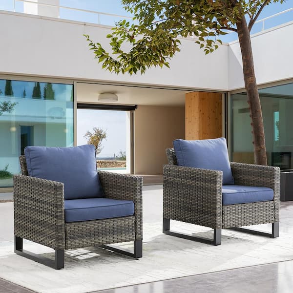 HUMMUH Valenta Gray Wicker Outdoor Lounge Chair with Blue Cushion (2-Pack)