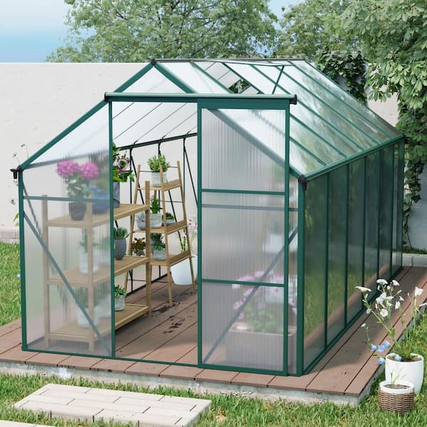 6 ft. W x 12 ft. D, Single Sliding Door Polycarbonate Greenhouse Raised Base and Anchor Aluminum, in Green