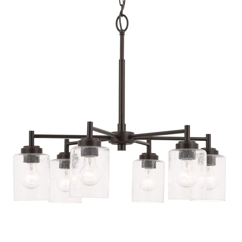 Bronze 6-Light Chandelier with Clear Seeded Glass Shades
