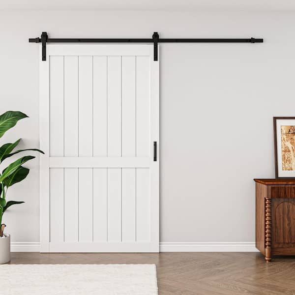 48 in. x 84 in. White Paneled H Style White Primed MDF Sliding Barn Door with Soft Close and Hardware Kit