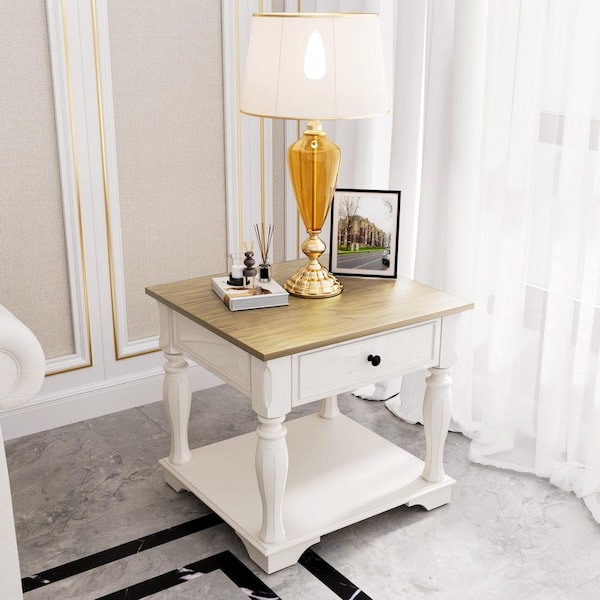 JEAREY European style 25.98 in. Mid-Century Modern Light Brown Wood End Table with Storage