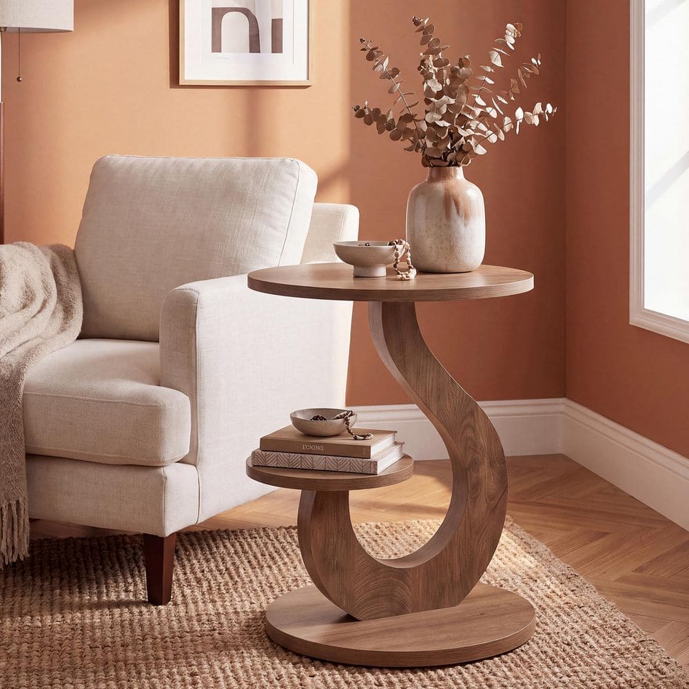 19.7 in. Brown Round Wood End Table with 2-Tier Shelf