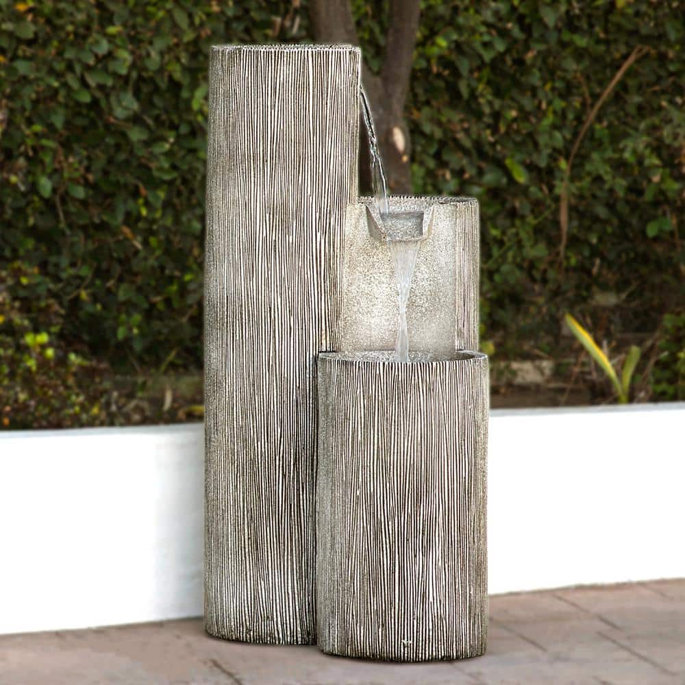 Modern 41" Gray Polyresin Three-Tier Column Fountain with LED Light