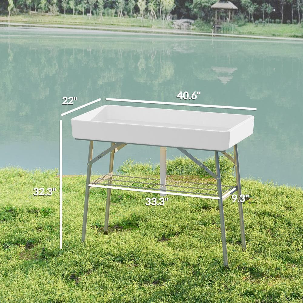 White Folding Steel Ice Cooler Table with Drain and Storage Shelf