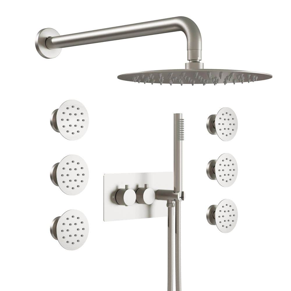 3-Spray 10 in. Wall Dual Fixed and Handheld Shower Head with 6 Body Jets in Brushed Nickel, Thermostatic Mixing Valve price history on PriceWatchPro