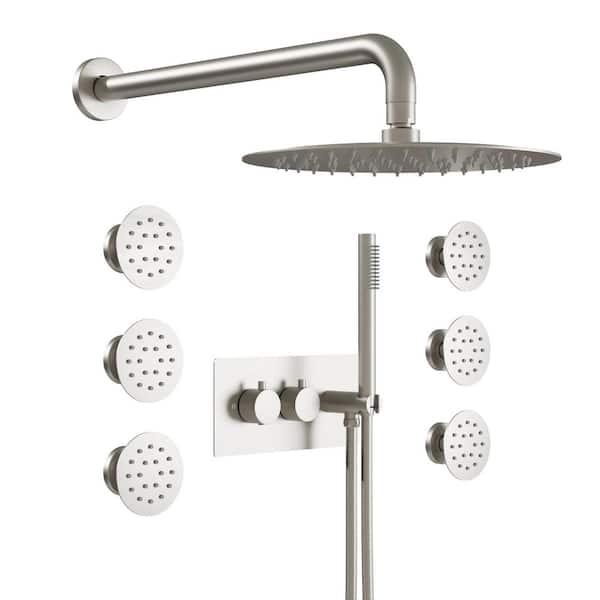 WELLFOR 3-Spray 10 in. Wall Dual Fixed and Handheld Shower Head with 6 Body Jets in Brushed Nickel, Thermostatic Mixing Valve