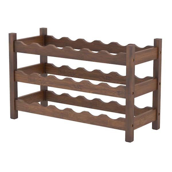 18-Bottle Natural 24 in. W Bamboo 3-Tier Wine Rack, Countertop Wave Design for Stable Storage