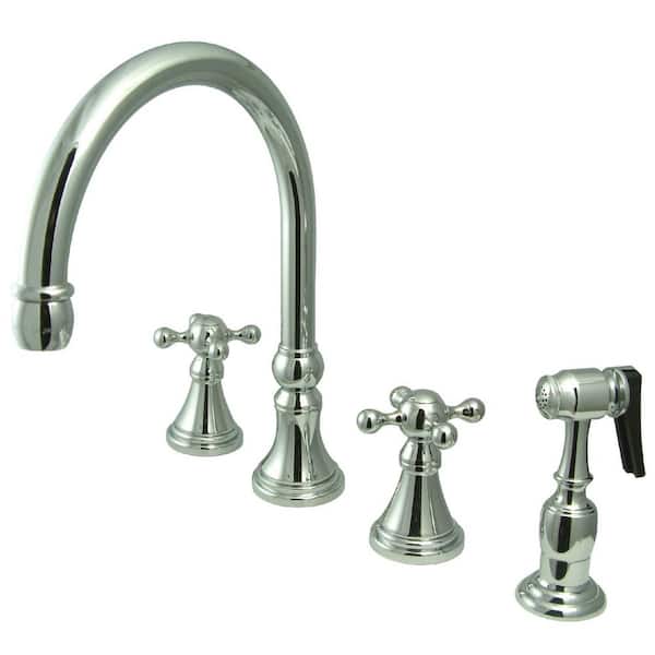 Kingston Brass Governor 2-Handle Deck Mount Widespread Kitchen Faucets with Brass Sprayer in Polished Chrome