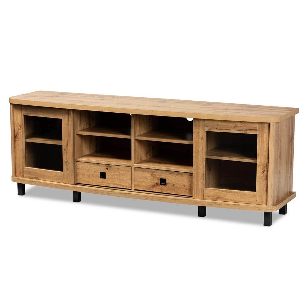 Oak Brown Wood TV Stand with Glass Doors and Drawers