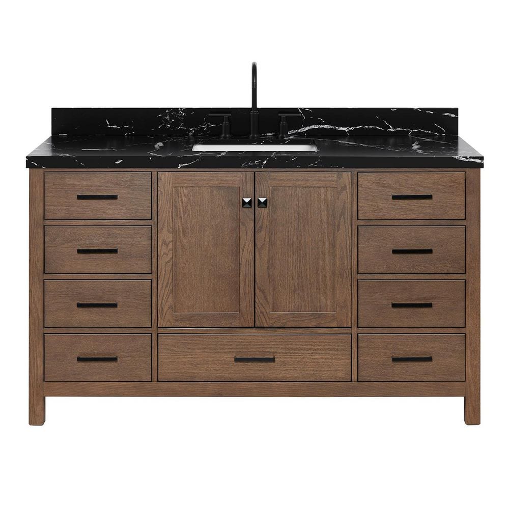 Cambridge 60 in. Single Sink Freestanding Bath Vanity in Brown Oak with Nero Marquina Black Quartz Top price history on PriceWatchPro