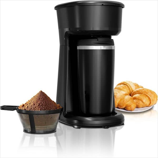 Single-serve Cup Compact Black Coffee Maker with Thermal Travel Mug and Stainless Steel Interior