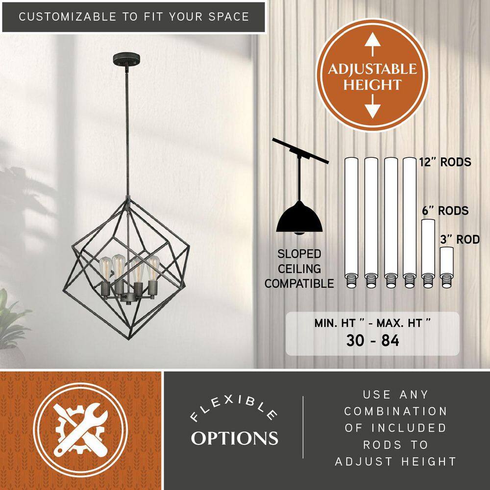 Rad Geometric Nested Cube 4-Light Chandelier in Warm Pewter