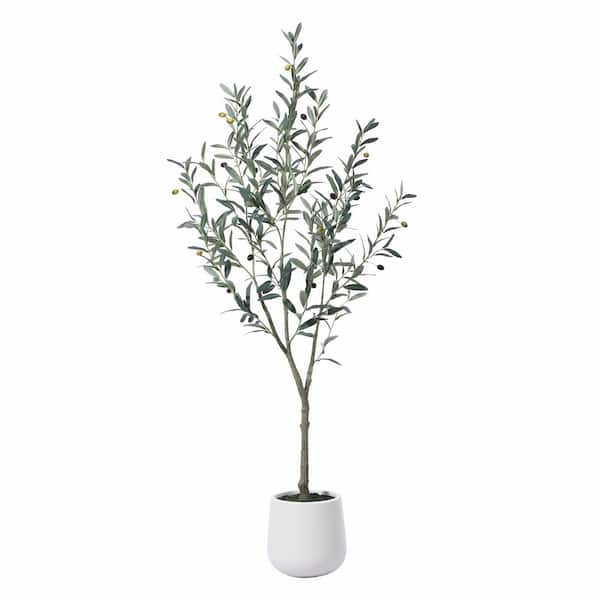 DR.Planzen 5 ft. Faux Olive Tree with Oval White Planter, Pre Potted Fake Greenery Olive Plant for Home Decor