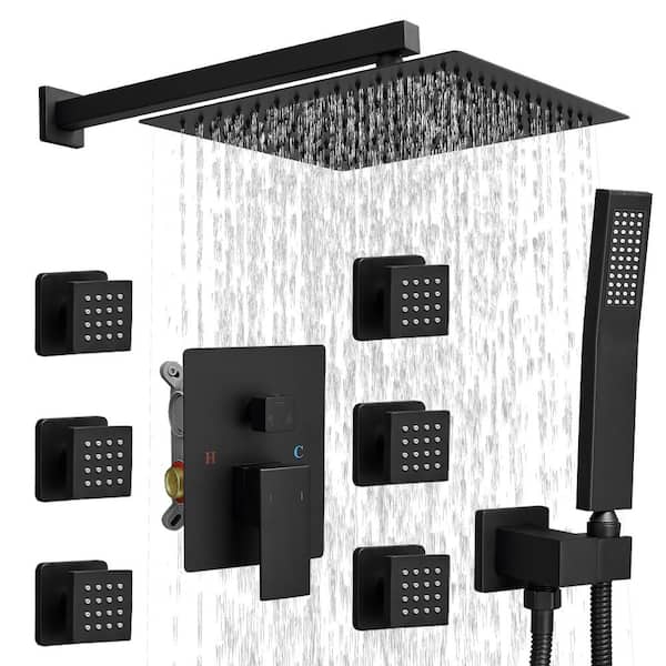 3-Spray Wall Mount Dual Fixed and Handheld Shower Head 2.5 GPM with 6 Body Jets in Matte Black