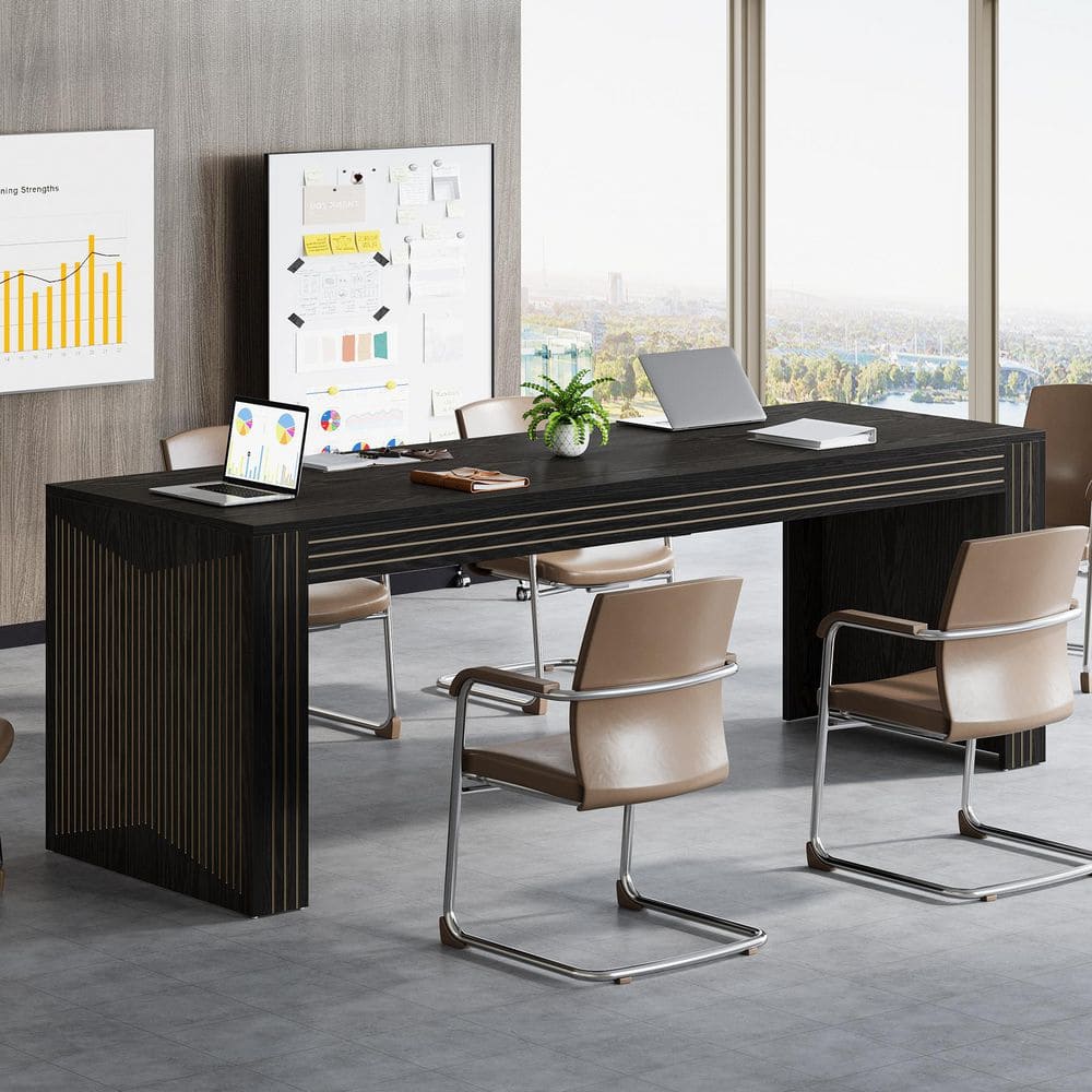 Halseey 78.7 in. Rectangular Black Wood Conference Table for 6, Large Office Meeting Table Computer Desk
