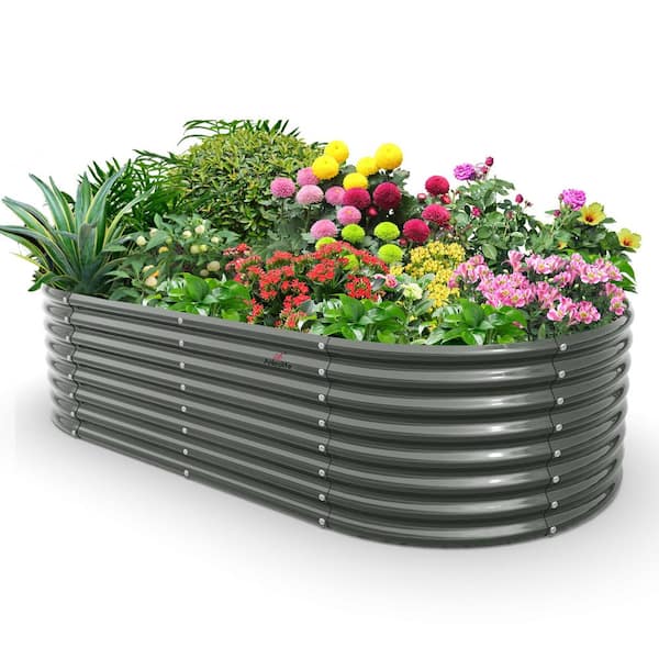 Runesay 72 in. Outdoor Alloy Steel Quartz Gray Galvanized Raised Garden Bed Oval Planter Boxes for Vegetables Flowers Herbs