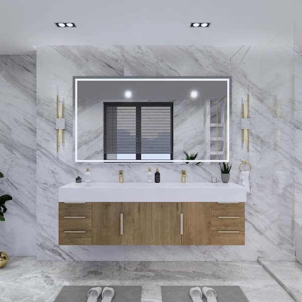 Bethany 71 in. W. x 20 in. D x 22 in. H Double Sink Floating Bath Double Vanity in Oak with White Acrylic Top