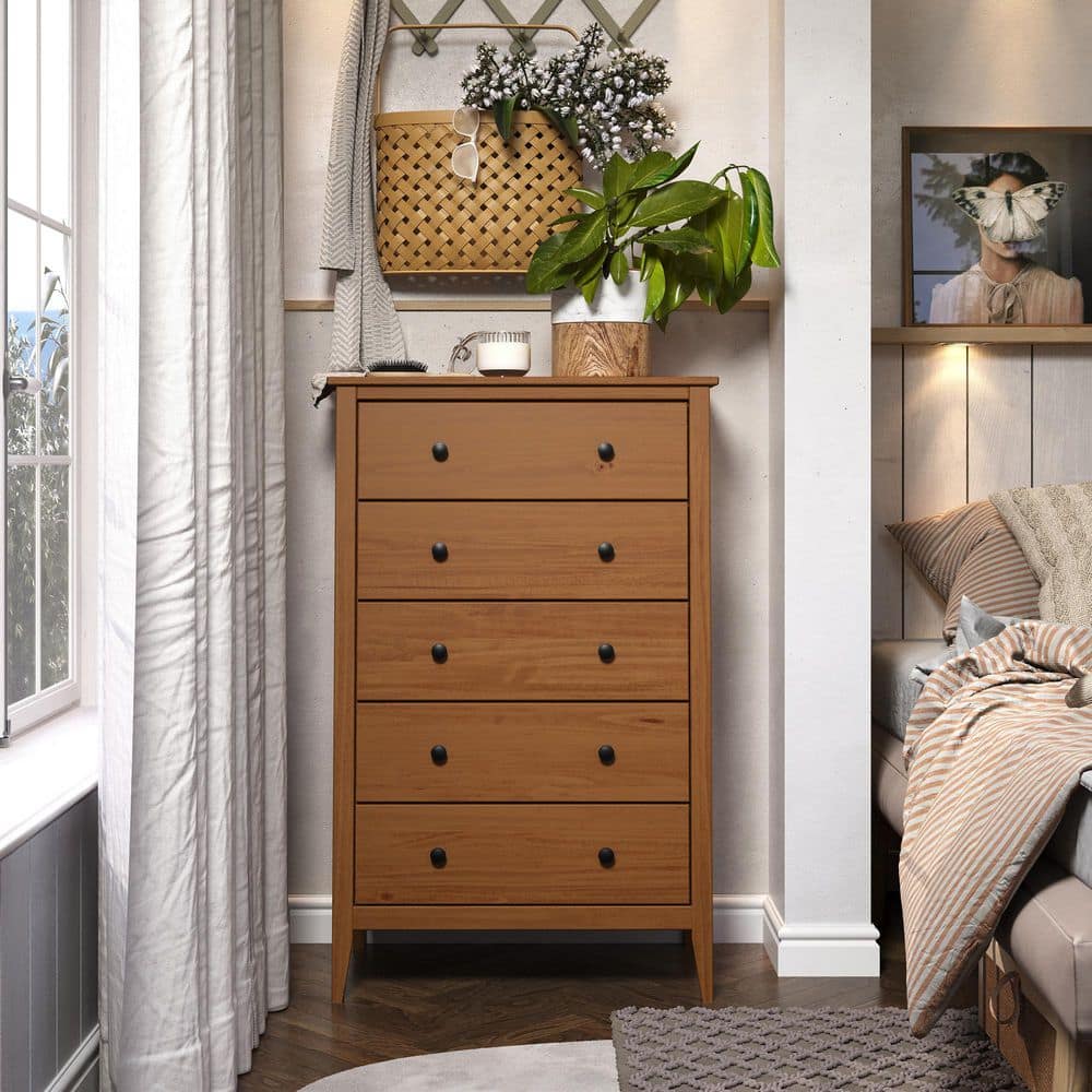 Jela-USA Solid Wood 5-Drawer Dresser 29.92 in. W in Caramel 47918