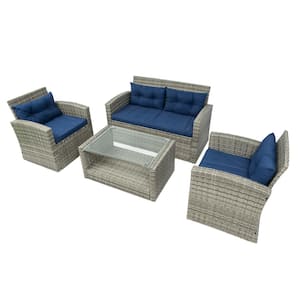 Terrazzo 4-Piece All-Weather Wicker Patio Seating Set With Blue Cushions