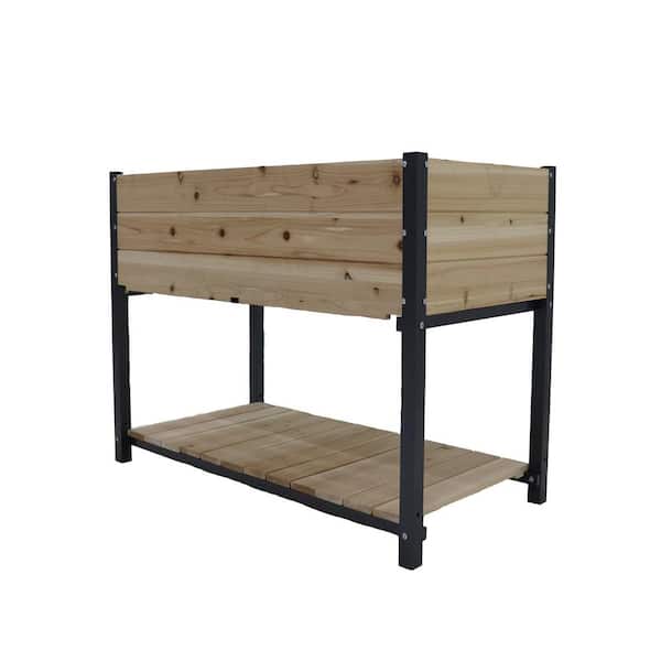 COOLSHARK 45 in. L x 23 in. W x 29 in. H Outdoor Raised Garden Bed W/ Iron Legs, Storage Shelf, Liner, Large Wood Planter, Nature
